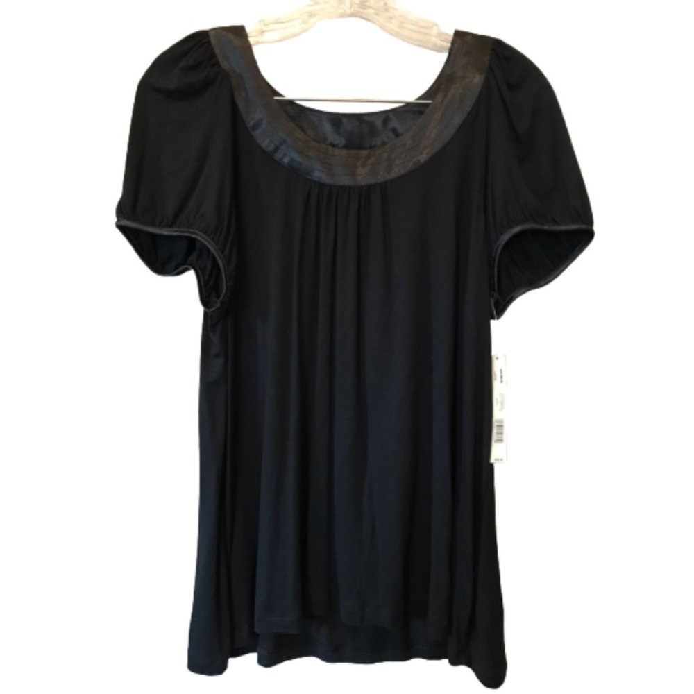 Apt. 9 Black Short Sleeve Dressy Top with Satin Trim and Gathering Size Large